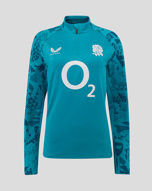 Women's England Rugby long sleeve midlayer top in storm blue with a funnel neckline, quarter-zip front, and abstract print on sleeves and side panels. Features the rose crest on the left chest and the O2 logo on the center body.