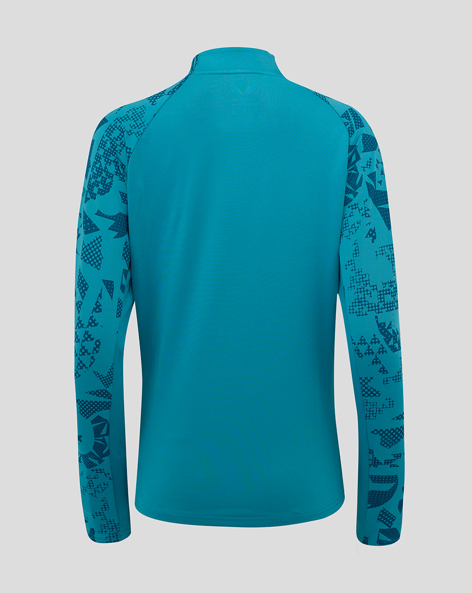 Back view of storm blue England Rugby midlayer top with long sleeves and abstract sleeve and side panel print
