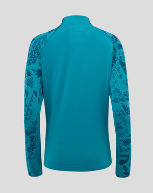 Back view of storm blue England Rugby midlayer top with long sleeves and abstract sleeve and side panel print
