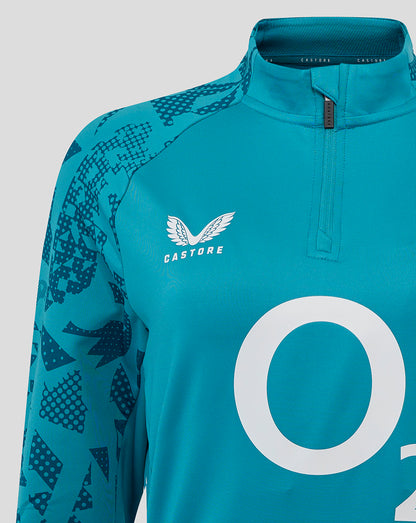 Front close-up of storm blue England Rugby midlayer with large O2 logo and white rose crest on the chest and printed sleeves