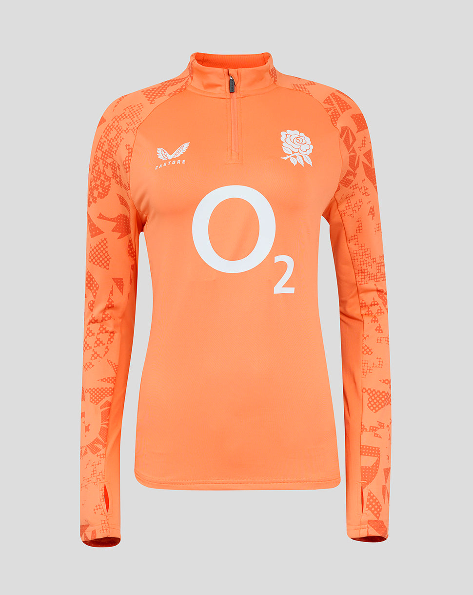 Front view of orange England Rugby women's performance midlayer top with funnel neck and quarter zip, rose crest left chest and large O2 logo center.