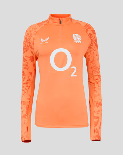 Front view of orange England Rugby women's performance midlayer top with funnel neck and quarter zip, rose crest left chest and large O2 logo center.