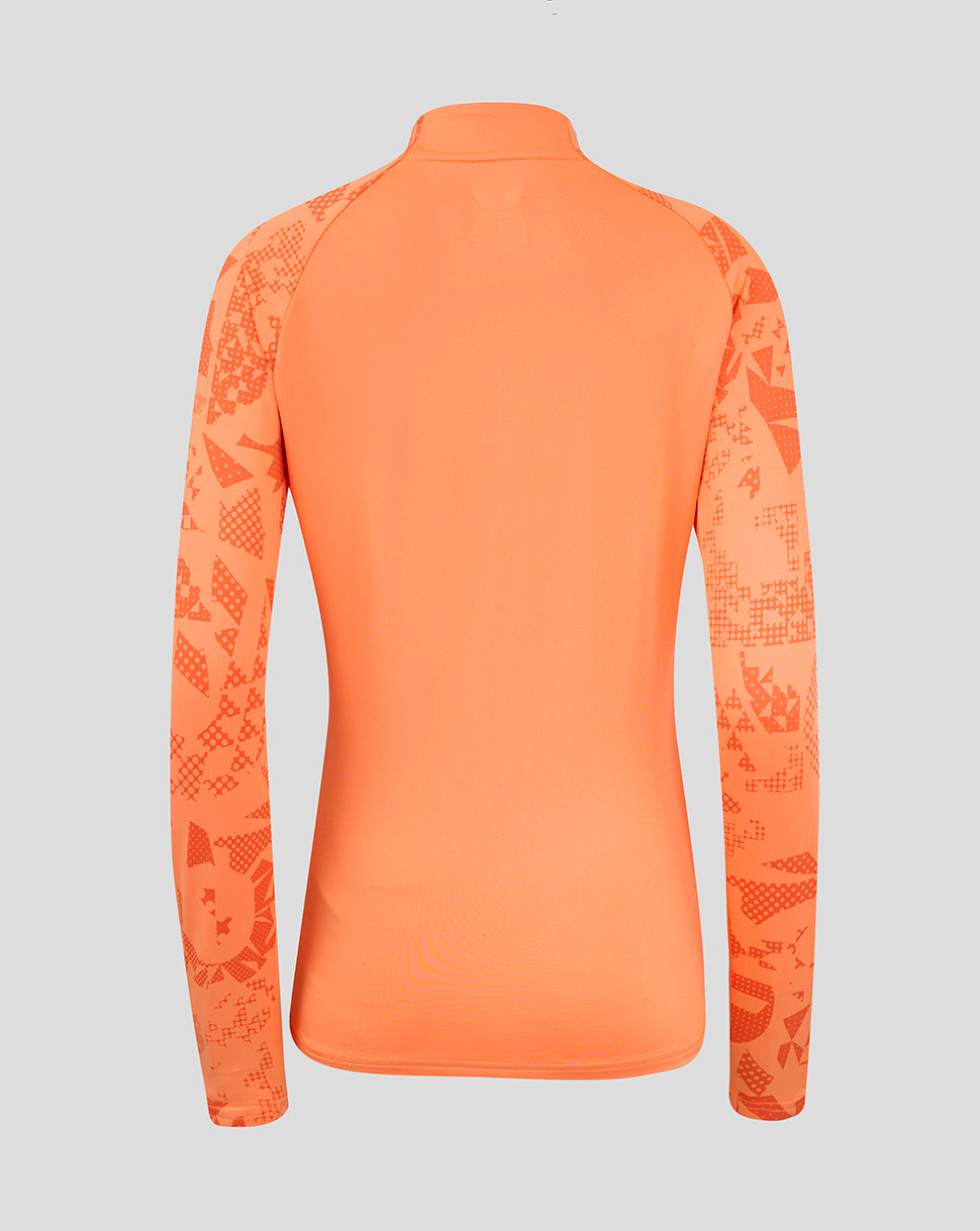 Back view of orange England Rugby women's performance midlayer top with long sleeves and abstract side panel print.