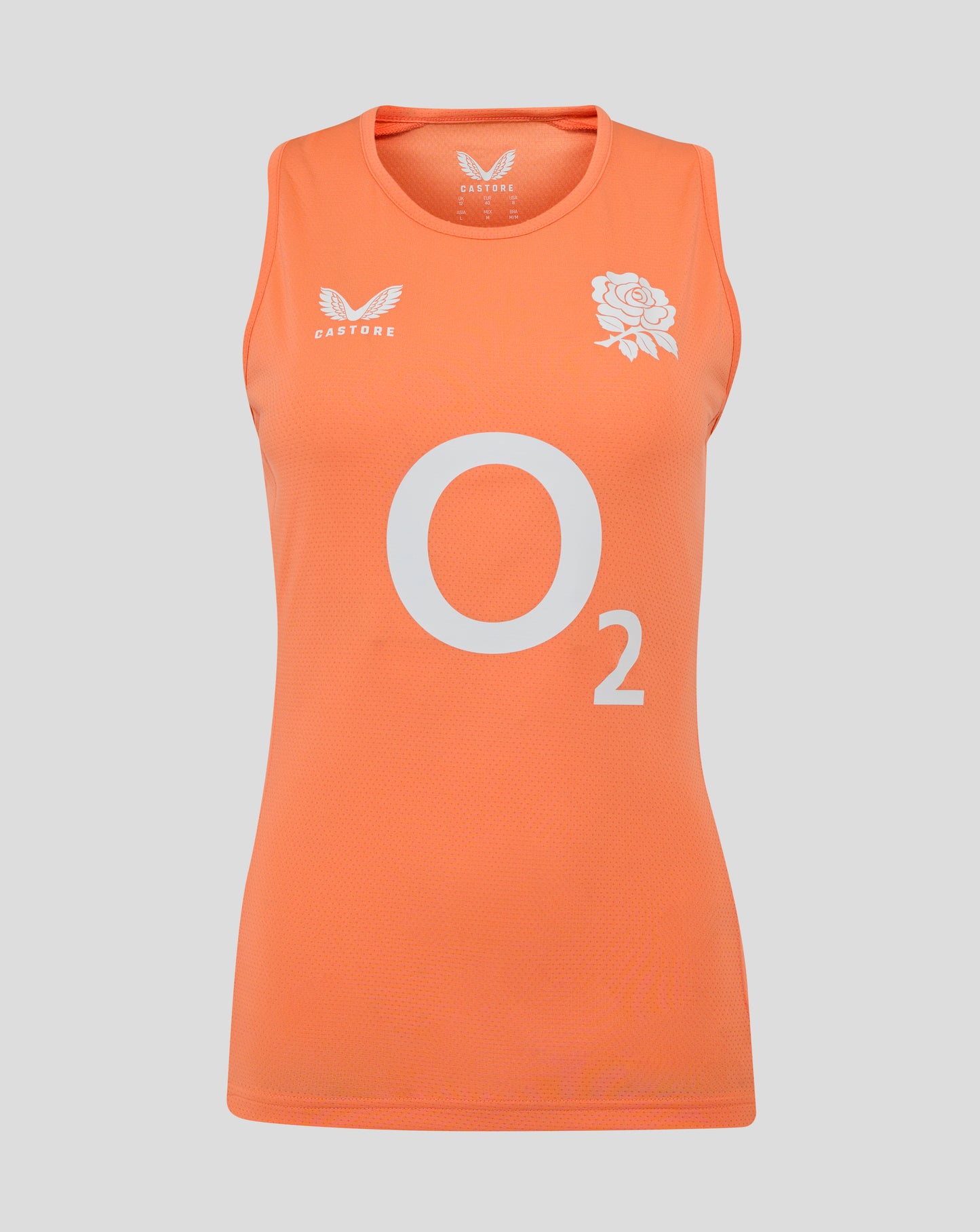Front view of melon England Rugby Women’s Performance Sleeveless Racer Back jersey with Castore logo on left chest rose crest on right chest and O2 center