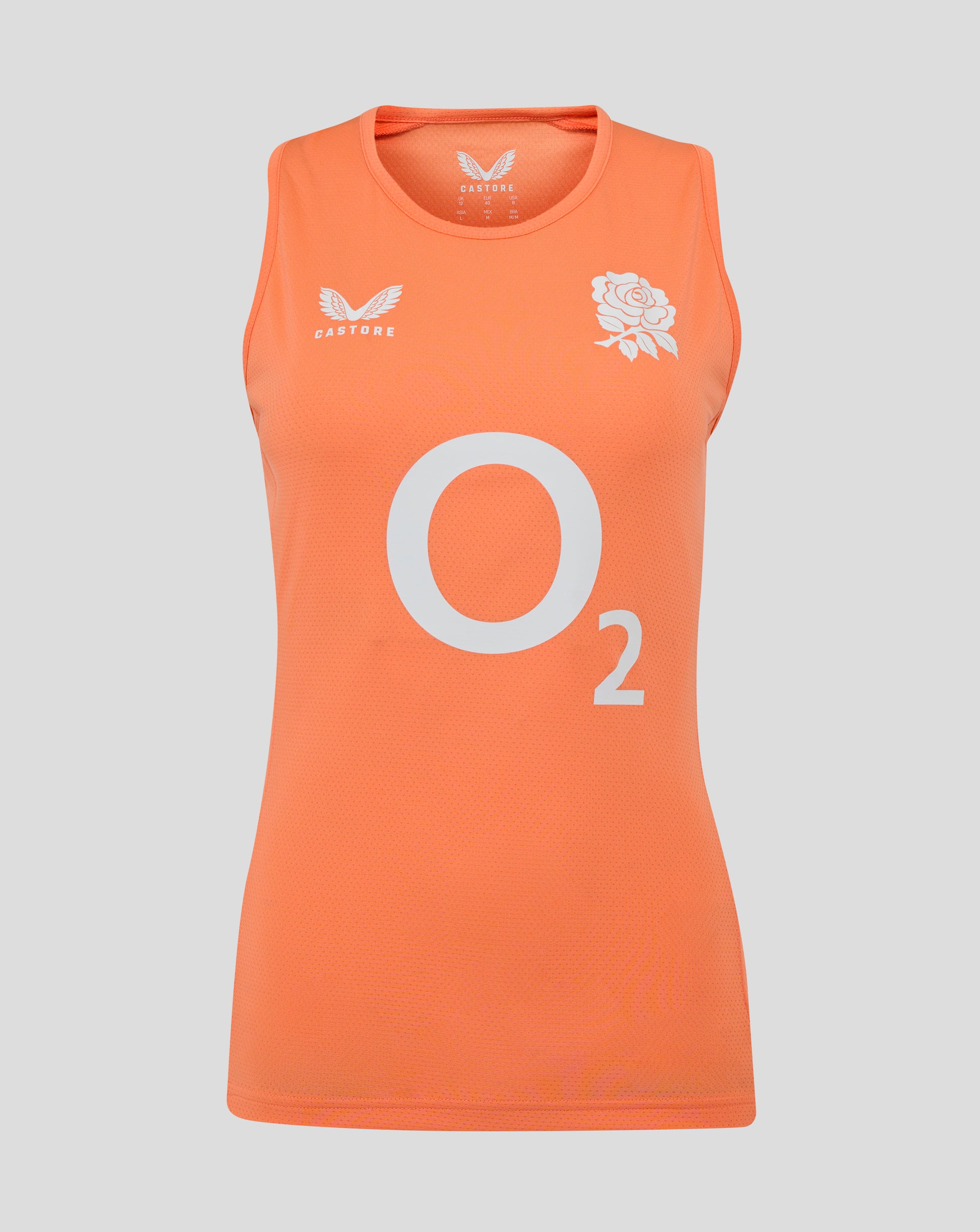 Front view of melon England Rugby Women’s Performance Sleeveless Racer Back jersey with Castore logo on left chest rose crest on right chest and O2 center
