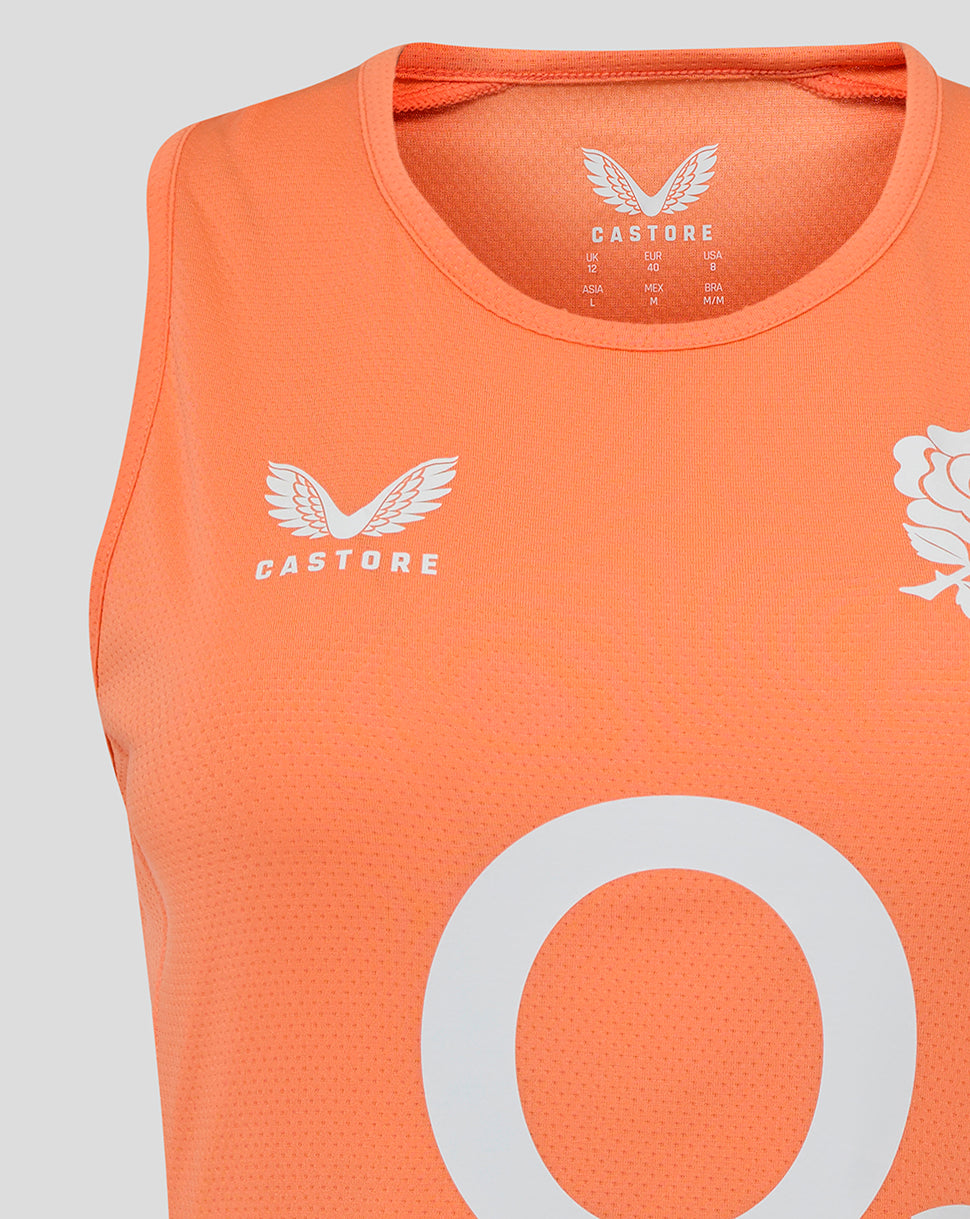 Front crop of melon England Rugby Women’s Performance Racer Back jersey showing Castore logo on left chest rose crest on right chest and large O2 graphic