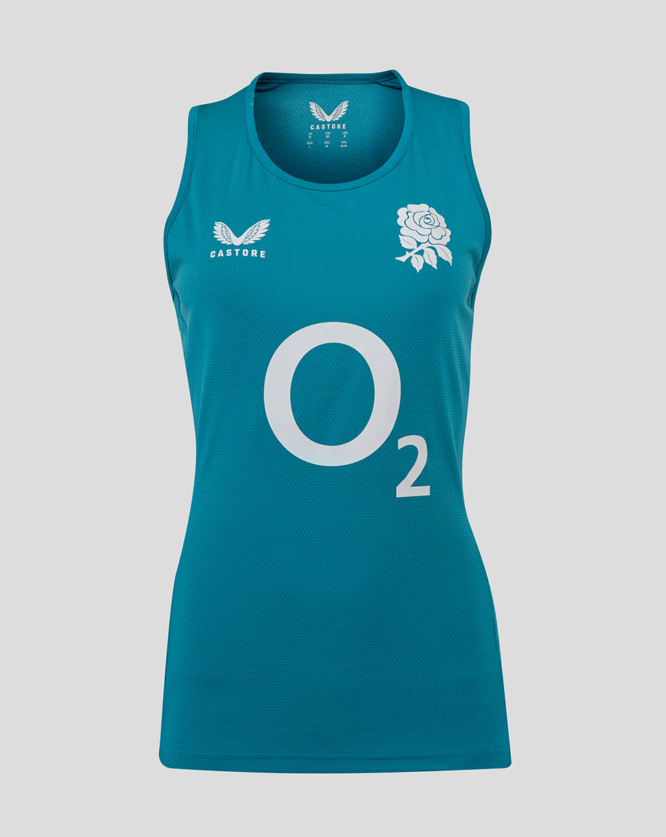 Front view of the England Rugby Women’s storm blue performance sleeveless racer back top with rose crest and O2 logo