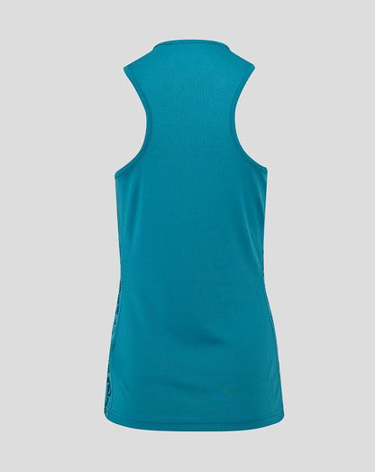Back view of the storm blue England Rugby Women’s sleeveless racer back top