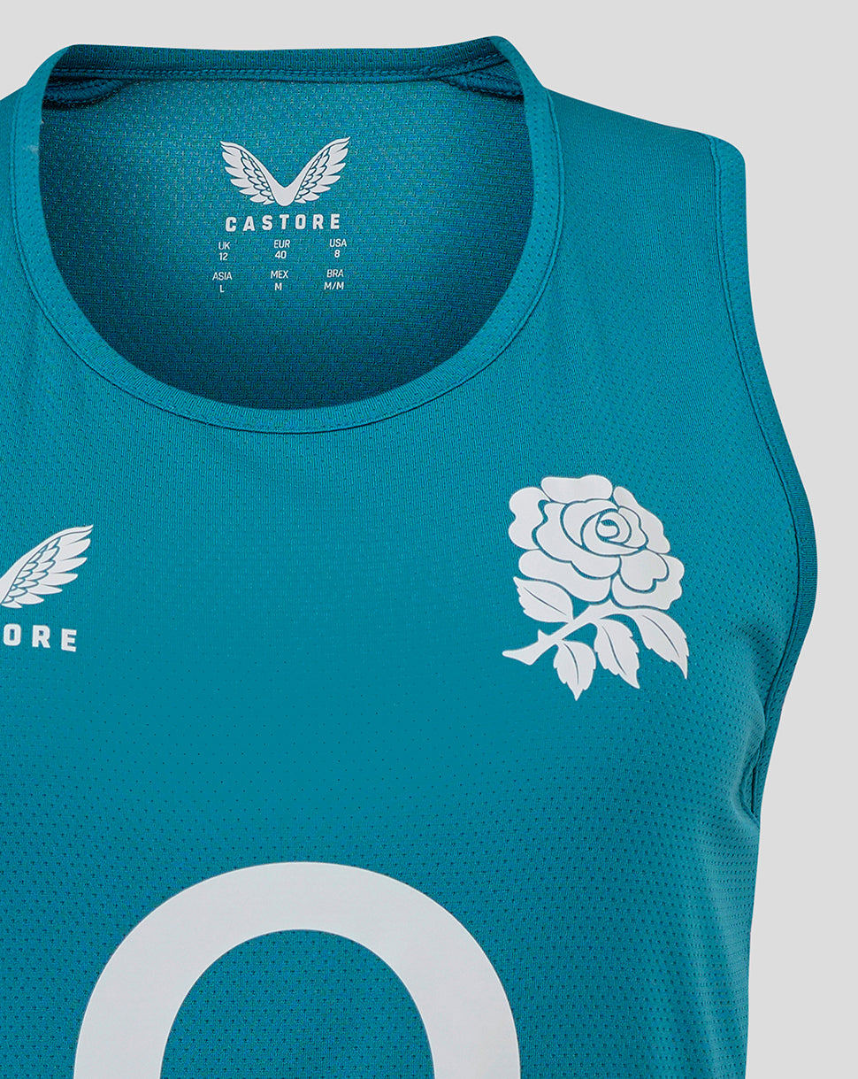 Close up of storm blue England Rugby Women’s sleeveless jersey showing rose crest on chest and Castore branding near the neck