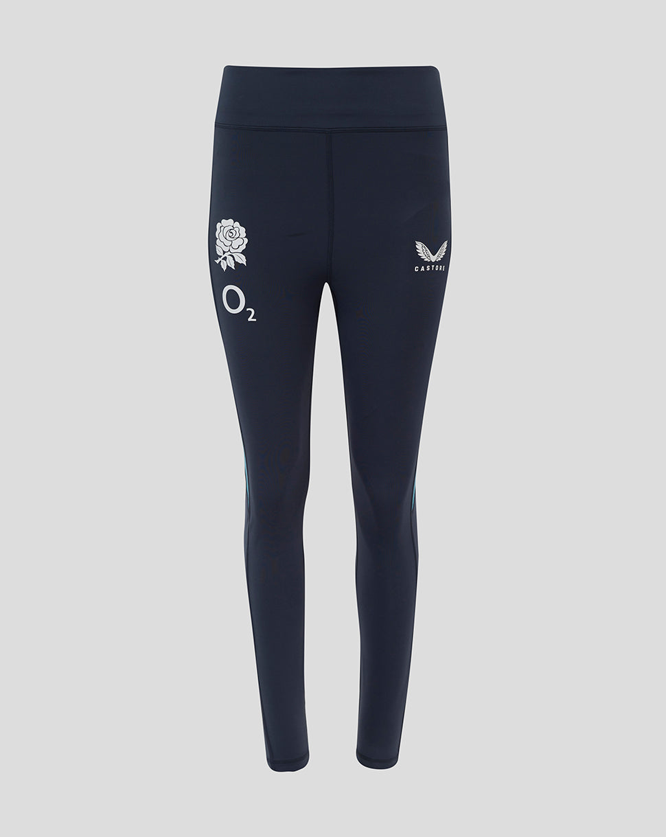 Front view of navy Women’s England Rugby performance leggings with rose crest on the left thigh O2 logo on the left thigh and Castore logo on the right hip