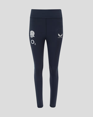 Front view of navy Women’s England Rugby performance leggings with rose crest on the left thigh O2 logo on the left thigh and Castore logo on the right hip
