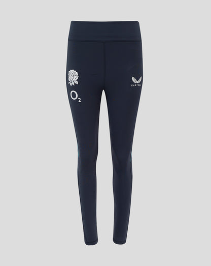 Front view of navy Women’s England Rugby performance leggings with rose crest on the left thigh O2 logo on the left thigh and Castore logo on the right hip