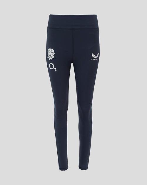 Front view of navy Women’s England Rugby performance leggings with rose crest on the left thigh O2 logo on the left thigh and Castore logo on the right hip