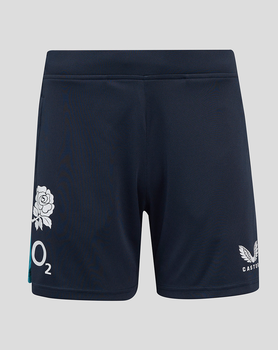 Back view of navy England rugby shorts with a white rose crest on the left thigh, O2 logo on the left hem, and Castore logo on the right hem