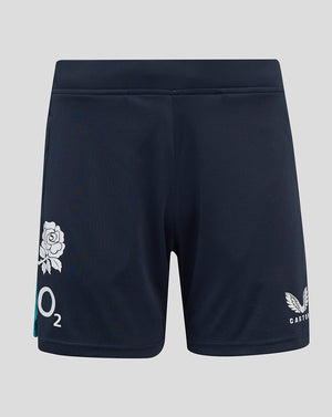 Back view of navy England rugby shorts with a white rose crest on the left thigh, O2 logo on the left hem, and Castore logo on the right hem