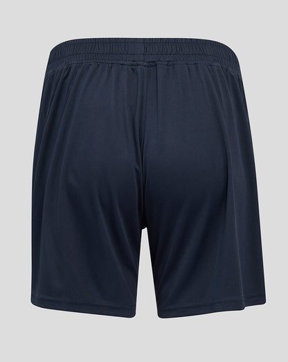 Back view of navy performance knit shorts with elastic waistband and teal side panel