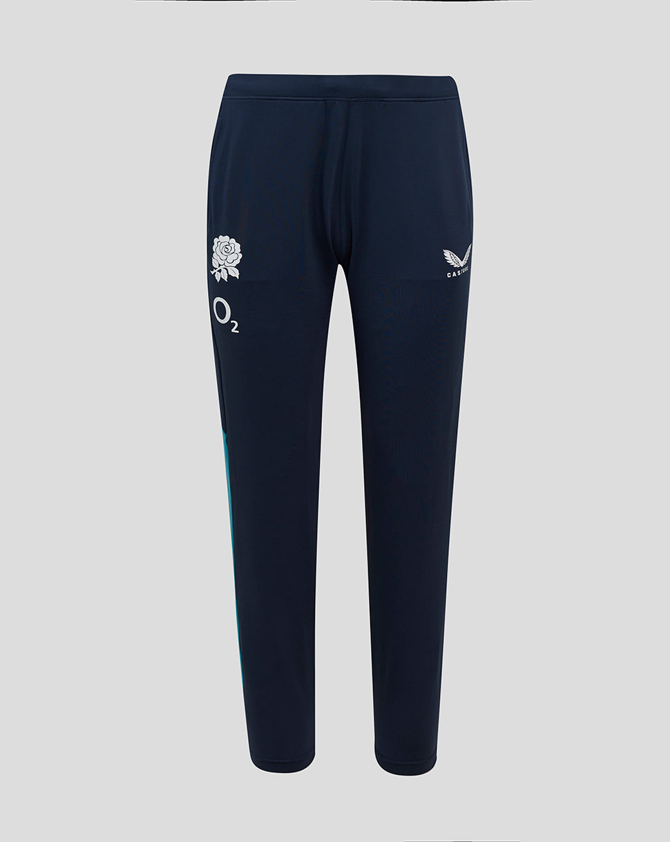 Front view of navy knit training pants with pockets showing O2 and rose crest logos on the thighs