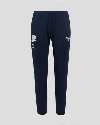 Front view of navy knit training pants with pockets showing O2 and rose crest logos on the thighs