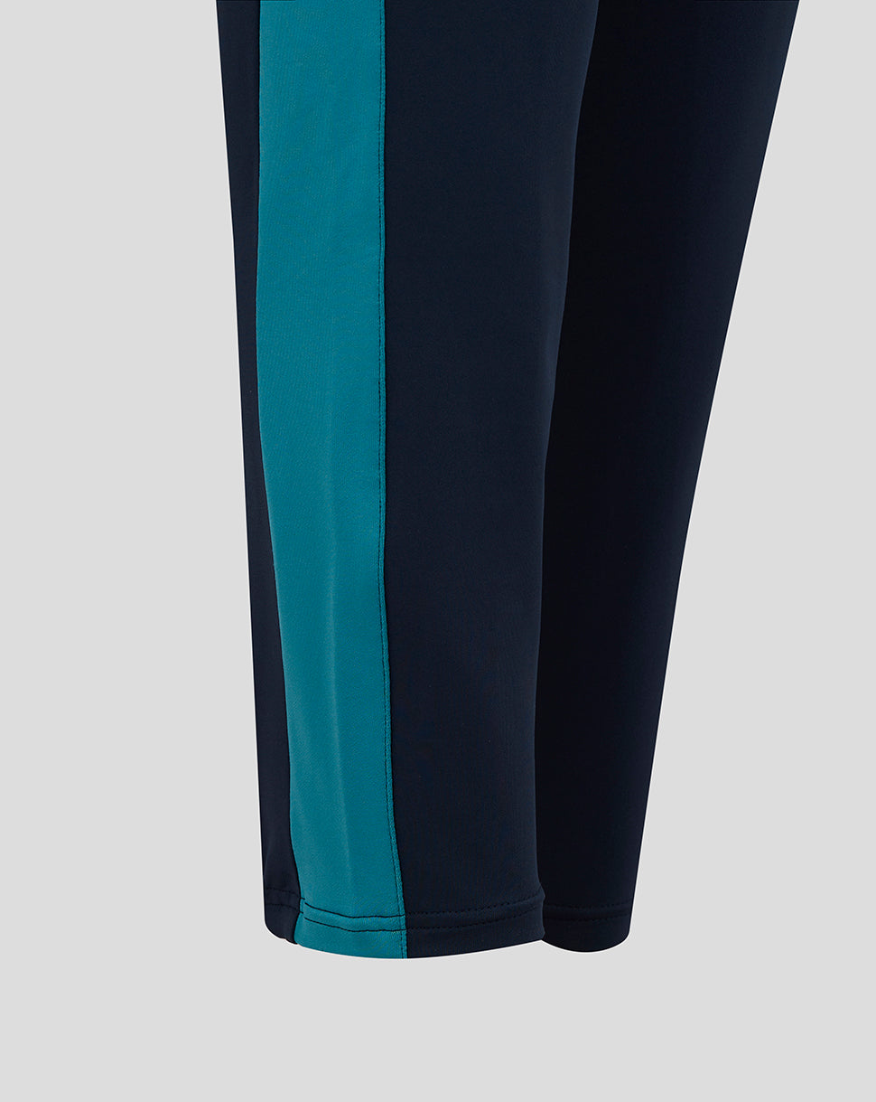 Navy knit training pants with a teal side stripe and ribbed cuffs