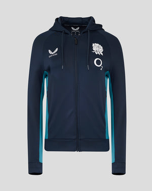 Front view of navy England Rugby hoodie with full zip, three-piece hood, teal side panels and rose crest O2 Castore logos