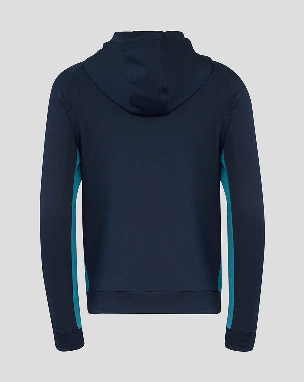 Back view of navy England Rugby hoodie with hood and teal side panels
