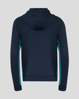 Back view of navy England Rugby hoodie with hood and teal side panels