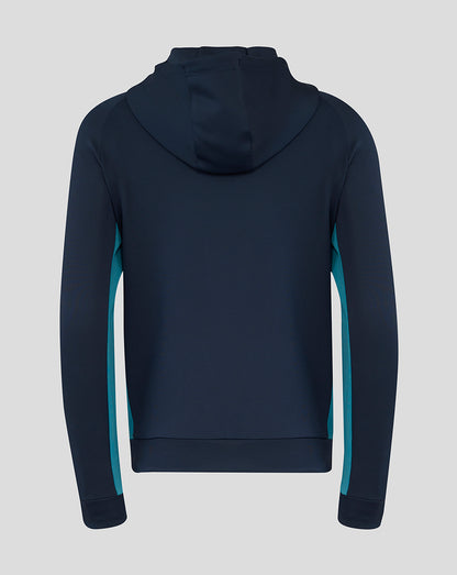 Back view of navy England Rugby hoodie with hood and teal side panels
