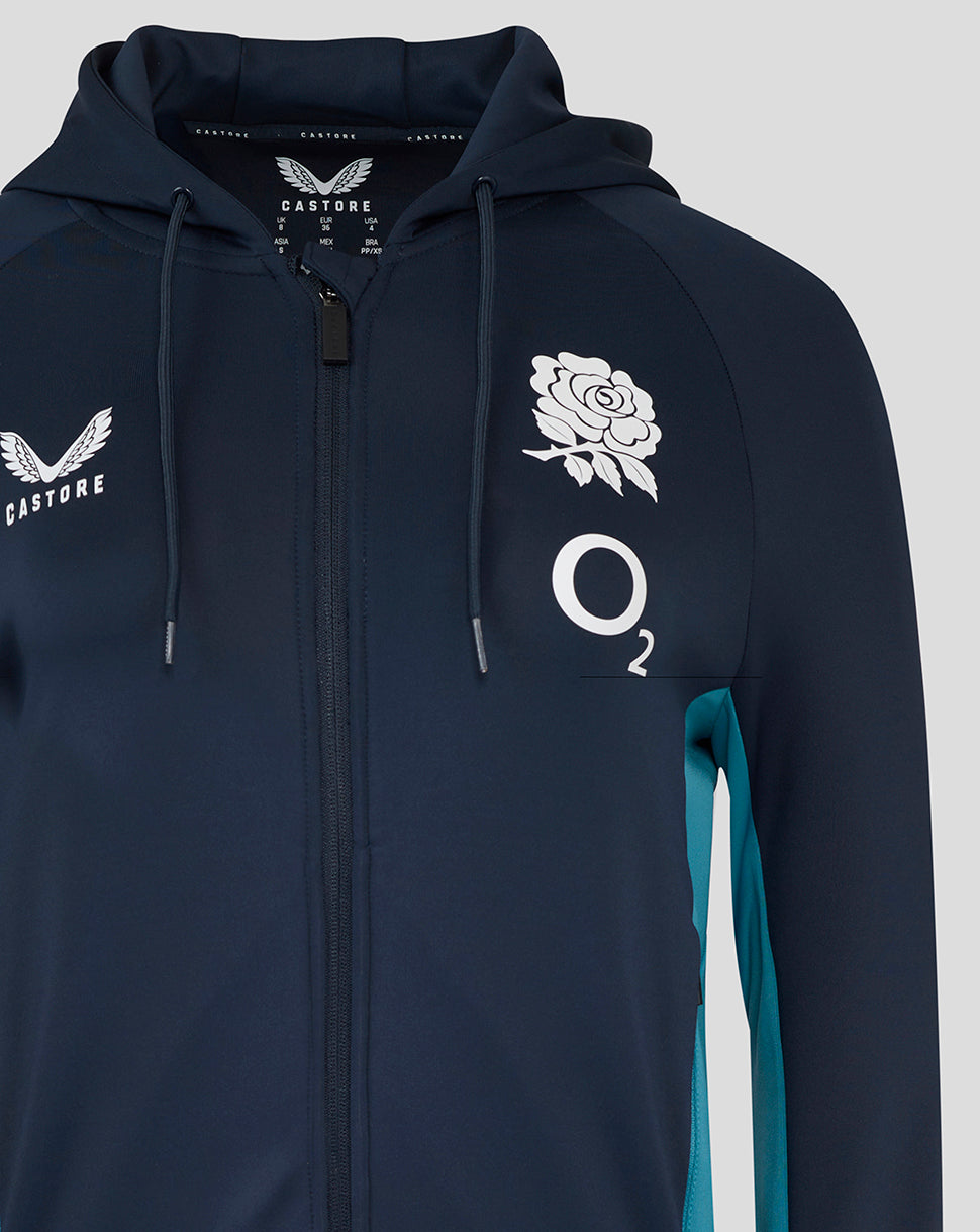 Navy England Rugby performance hoodie with full zip three piece hood rose crest O2 logo and Castore logo teal side panel
