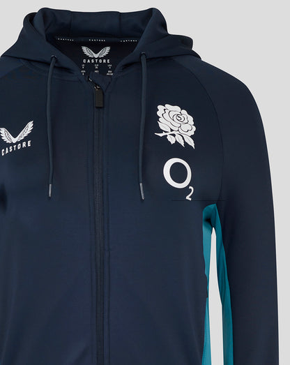 Navy England Rugby performance hoodie with full zip three piece hood rose crest O2 logo and Castore logo teal side panel