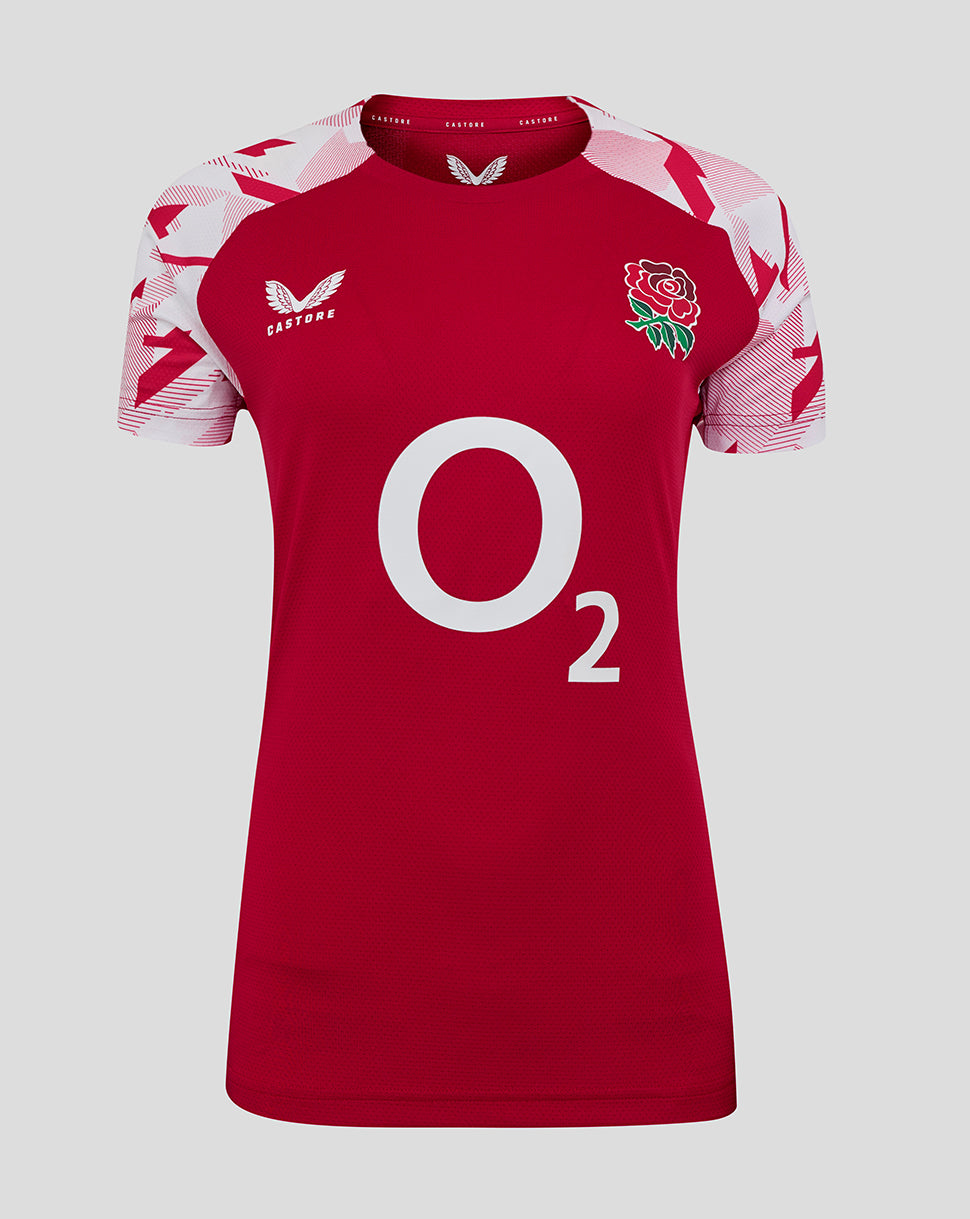 Front view of red England Rugby Red Roses pre match short sleeve T shirt with O2 center logo and rose crest
