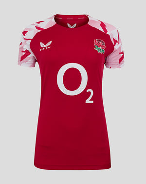 Front view of red England Rugby Red Roses pre match short sleeve T shirt with O2 center logo and rose crest