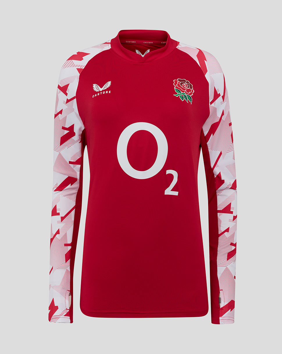 Front view of red England Rugby Red Roses drill top with cross over V neck abstract sleeves O2 center logo and rose crest