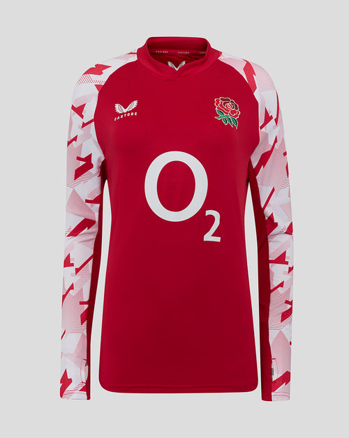 Front view of red England Rugby Red Roses drill top with cross over V neck abstract sleeves O2 center logo and rose crest