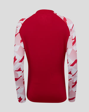 Front view of red England Rugby Red Roses drill top with O2 center logo and rose crest on left chest and abstract sleeves
