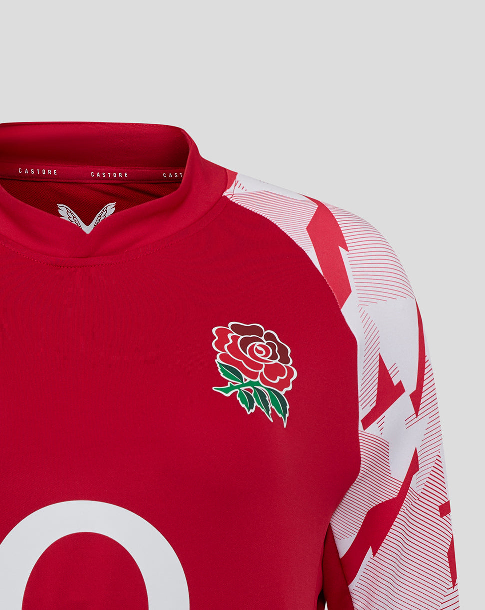 Back view of red England Rugby Red Roses drill top showing solid red back and geometric patterned sleeves