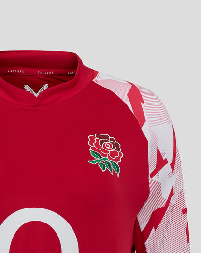 Back view of red England Rugby Red Roses drill top showing solid red back and geometric patterned sleeves