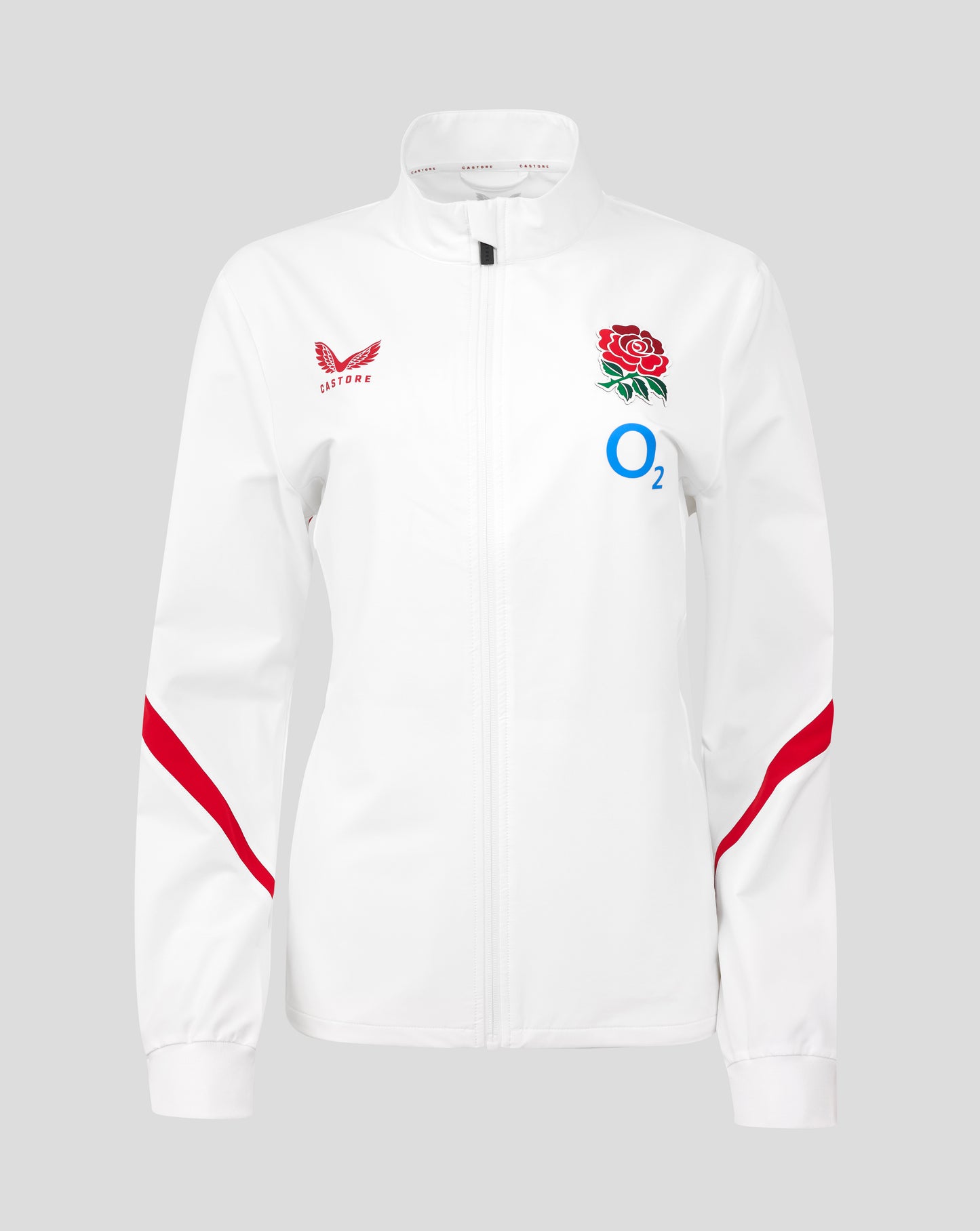 Front view of a white England Rugby Red Roses Anthem Jacket showing funnel collar, full zip, Rose crest, O2 logo, and Castore branding.