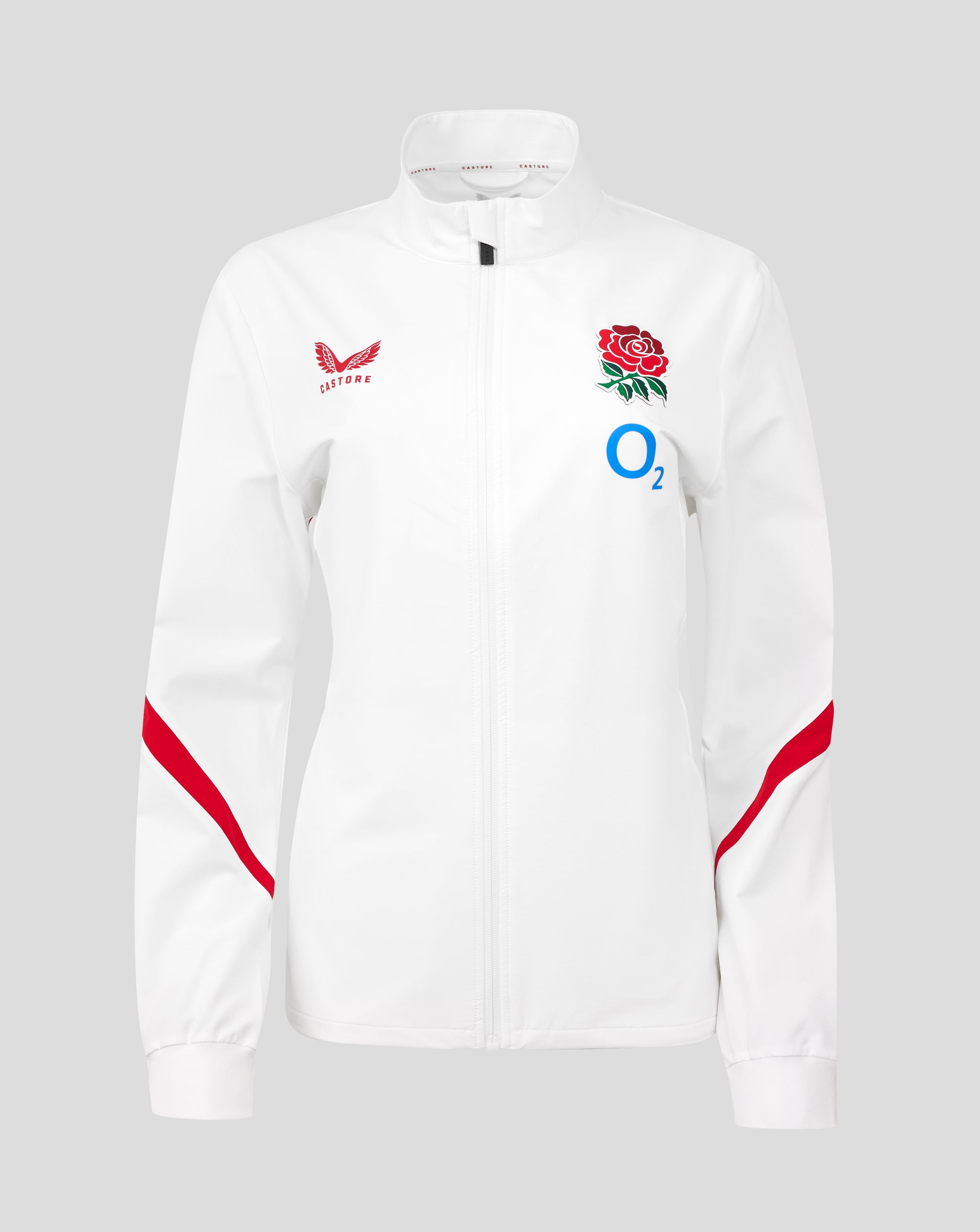 Front view of a white England Rugby Red Roses Anthem Jacket showing funnel collar, full zip, Rose crest, O2 logo, and Castore branding.