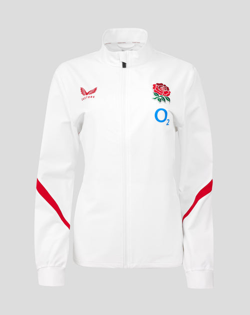 Front view of a white England Rugby Red Roses Anthem Jacket showing funnel collar, full zip, Rose crest, O2 logo, and Castore branding.