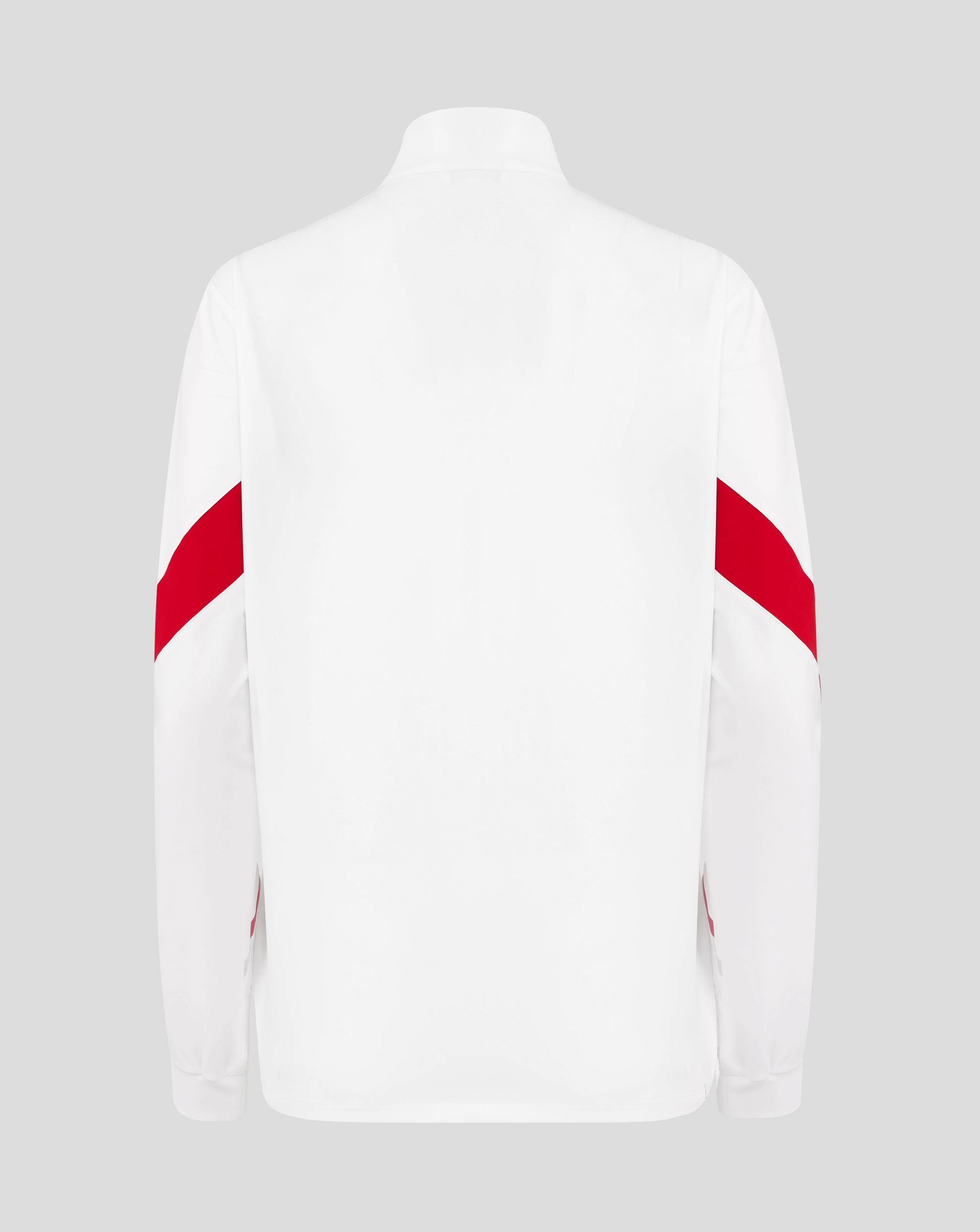 Back view of a white England Rugby Red Roses Long Sleeve Anthem Jacket with red chevron sleeve details.
