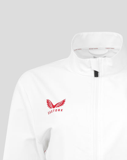 White England Rugby Anthem Jacket close up of neck with Castore branding along the trim and zipper.