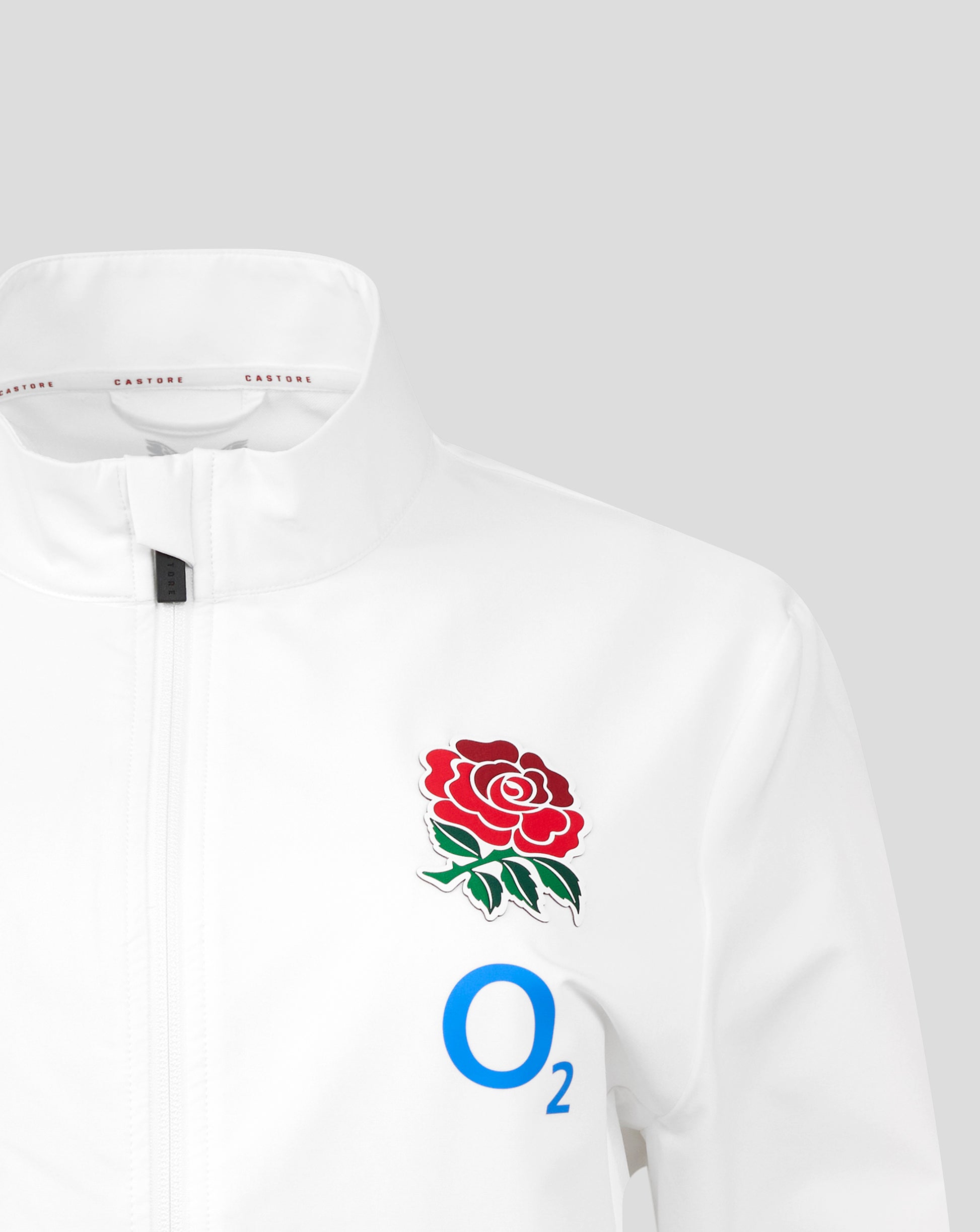 White England Rugby Red Roses Anthem Jacket with funnel collar and center zip, rose crest on chest with O2 and Castore logos.