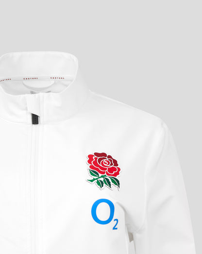 White England Rugby Red Roses Anthem Jacket with funnel collar and center zip, rose crest on chest with O2 and Castore logos.