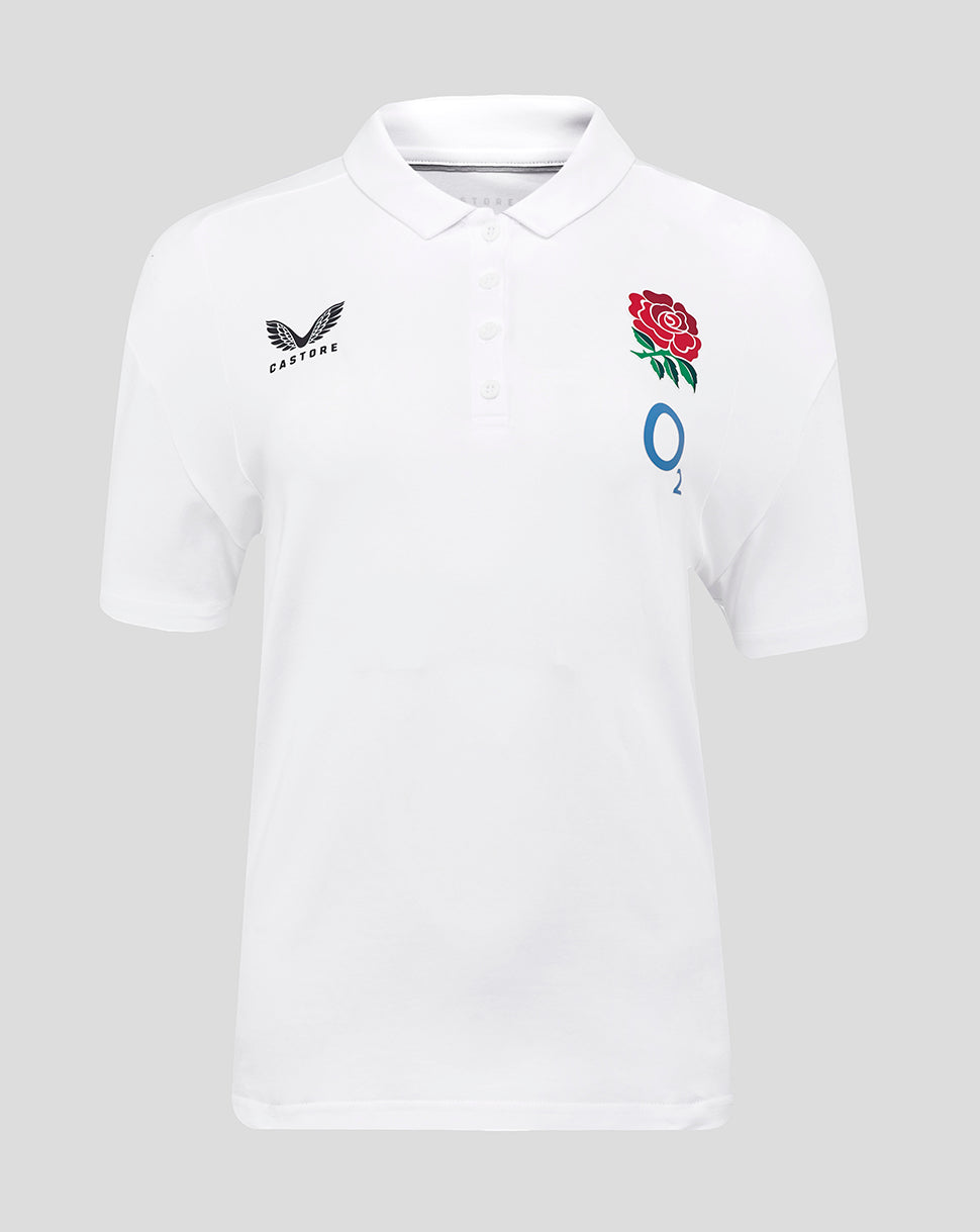 Brilliant white England Rugby Travel Polo with club crest on left chest and Castore logo on right chest