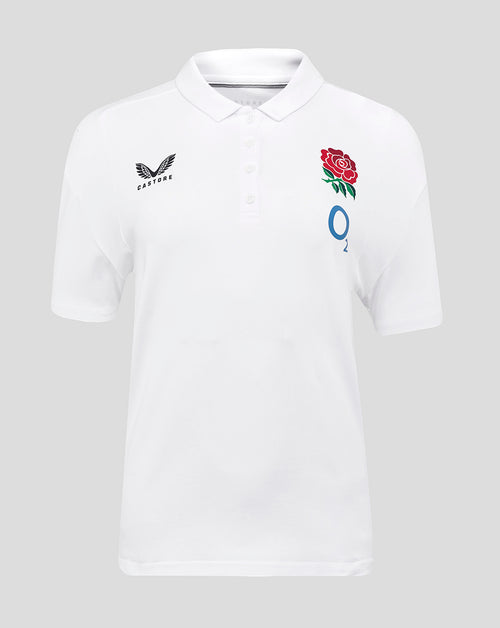 Brilliant white England Rugby Travel Polo with club crest on left chest and Castore logo on right chest
