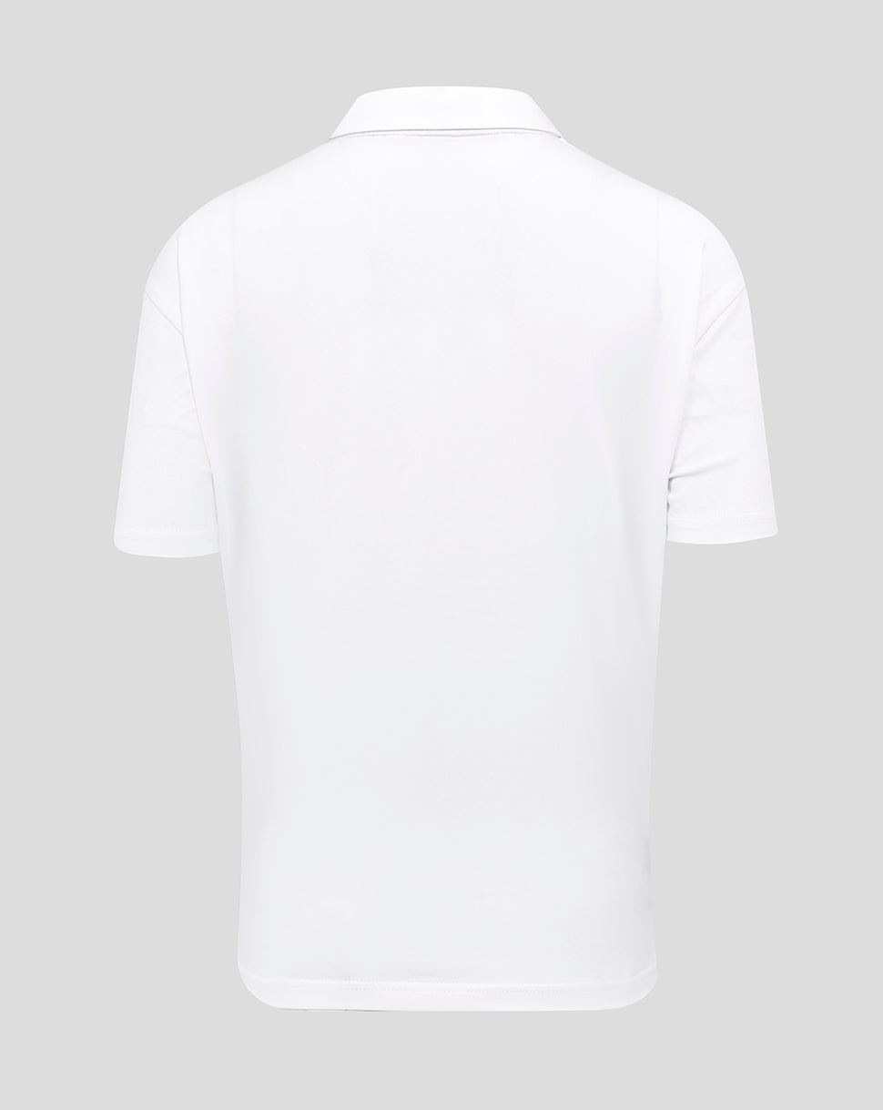 Back view of a white England Rugby Travel Polo with short sleeves and neat hem.