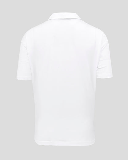 Back view of a white England Rugby Travel Polo with short sleeves and neat hem.