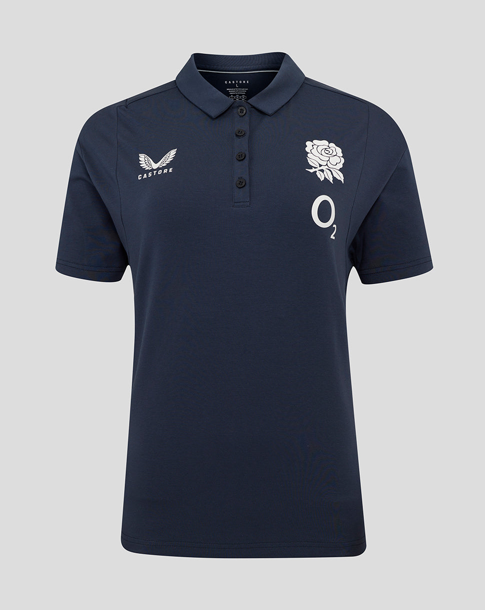 Navy England Rugby Women's Travel Polo front view with club crest and Castore branding on the chest