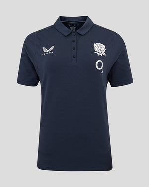 Navy England Rugby Women's Travel Polo front view with club crest and Castore branding on the chest