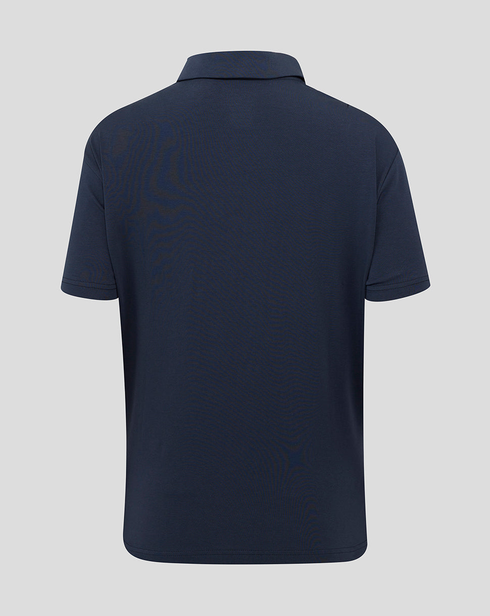 Back view of navy England Rugby Travel Polo with collar and short sleeves